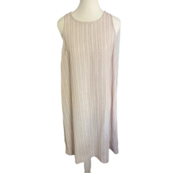 Time and Tru | Dresses | Time And Tru Linen Blend Shift Dress Tan And White  Stripe Sleeveless Nwt Size M | Poshmark